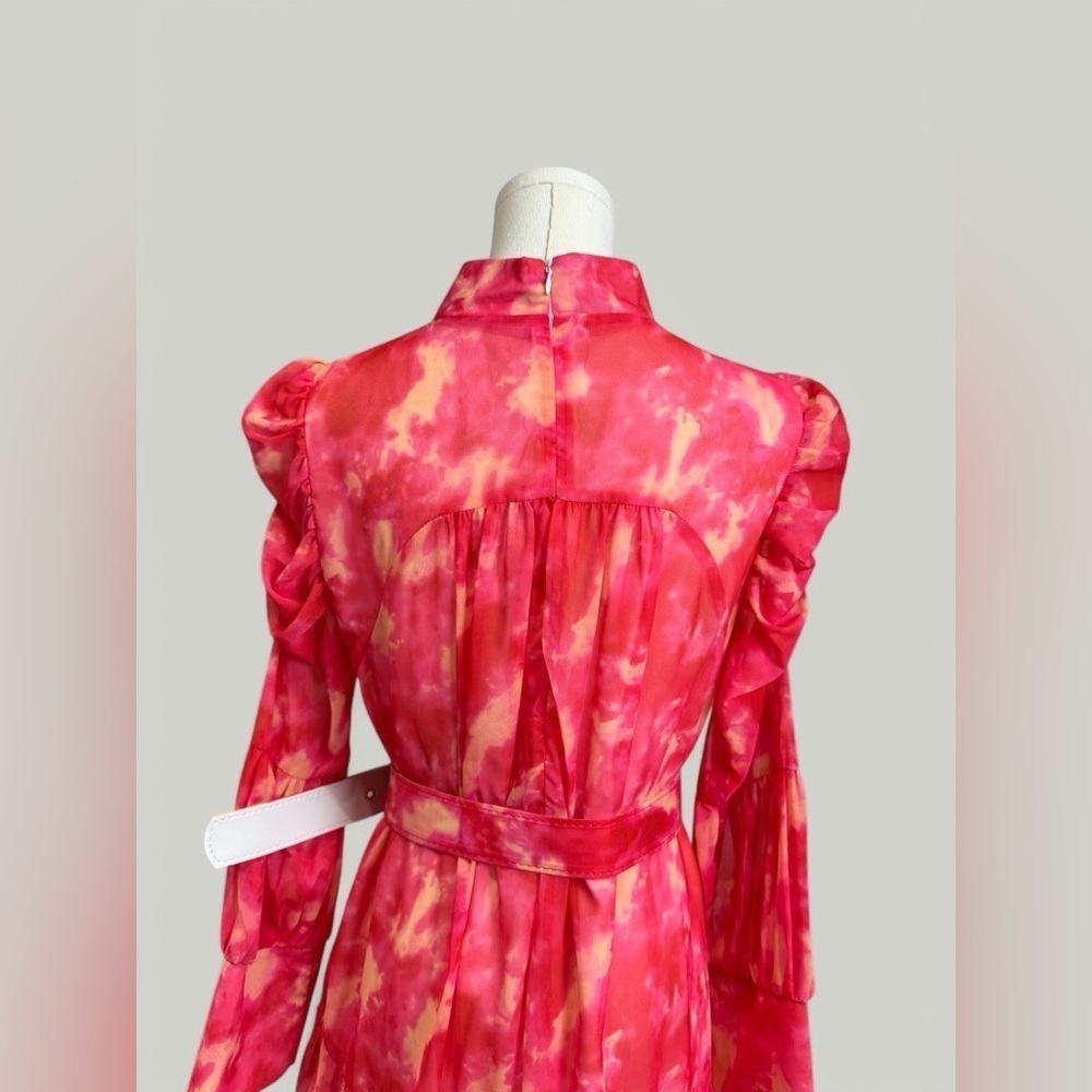Dress Women Size Large Pink Tie Dye Mini Ruffle Long Sleeves Tiered Skirt Sheer - Picture 13 of 15